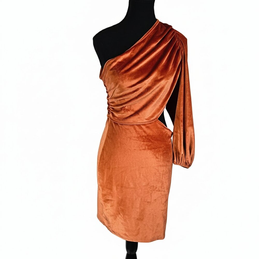 New Orange Rust Velvet One Shoulder Cutout Mini Dress Ruched Bodycon | Large - Picture 3 of 9